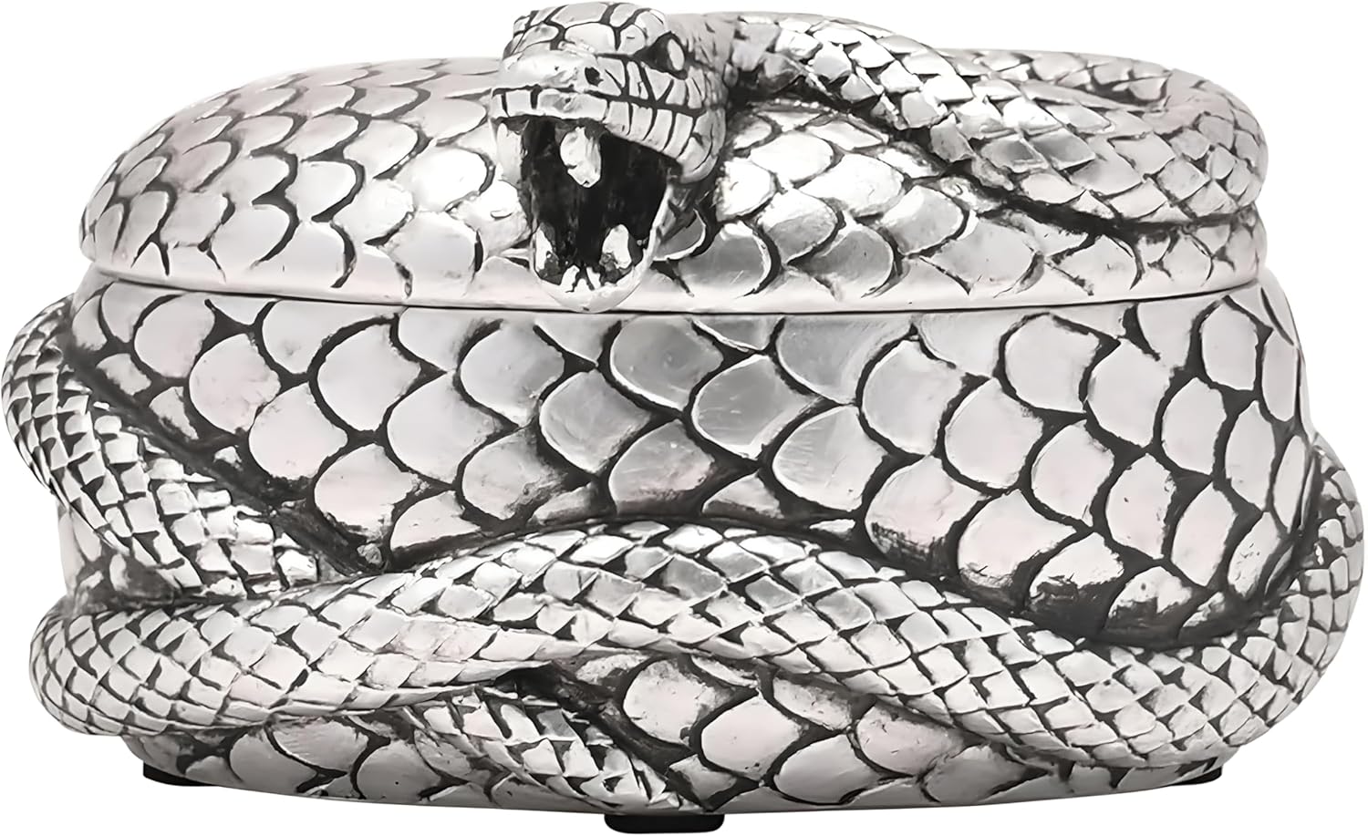 Silver snake-shaped trinket box on a white background