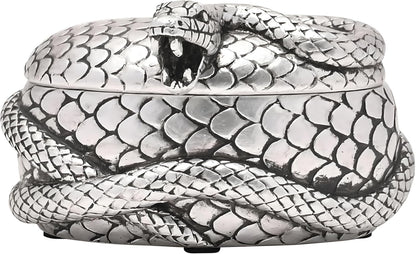 Silver snake-shaped trinket box on a white background