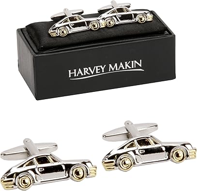 Car-shaped cufflinks with gold accents on a black Harvey Makin box.