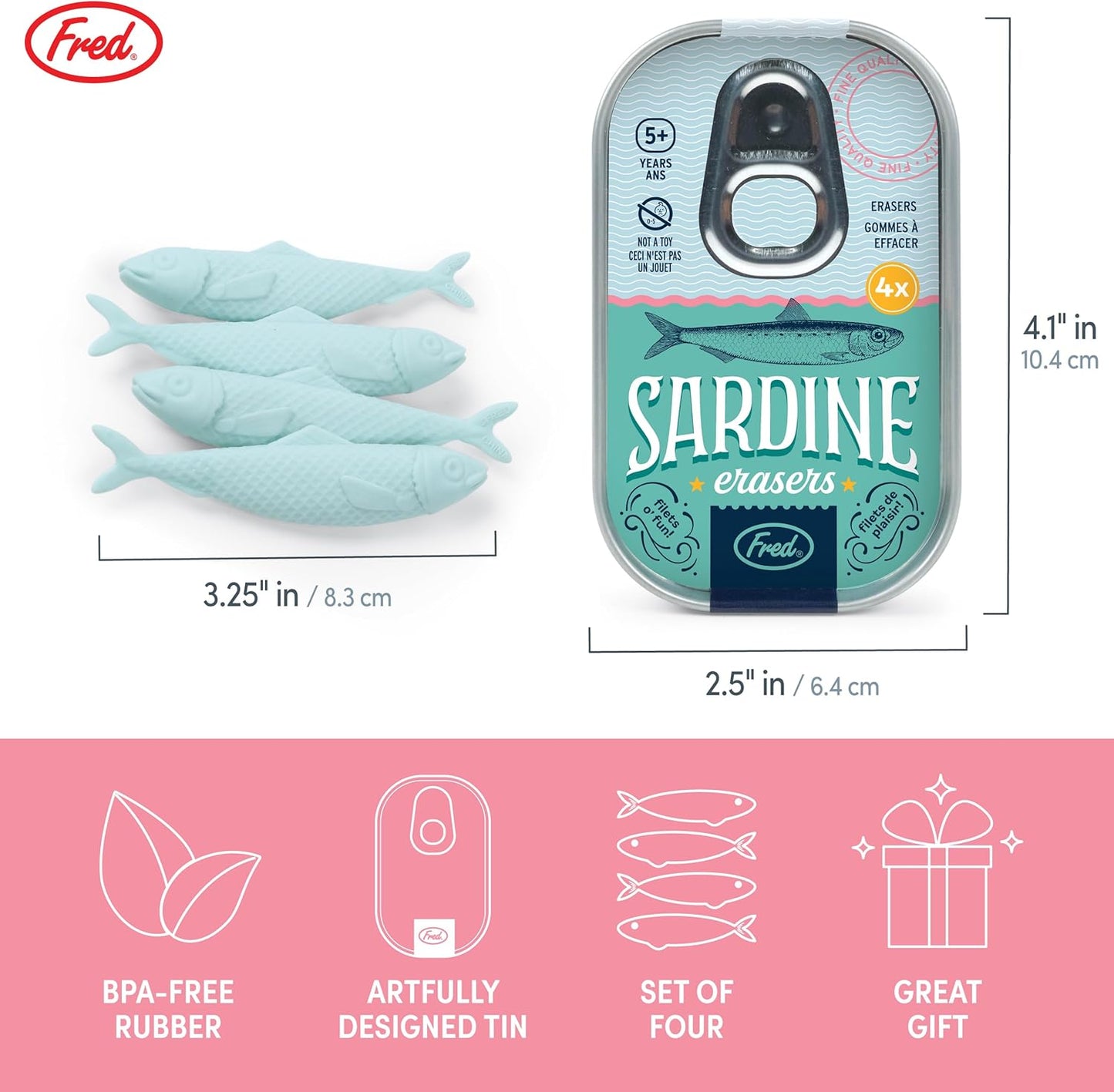 Sardine-shaped erasers with packaging and measurements, featuring the Fred brand.