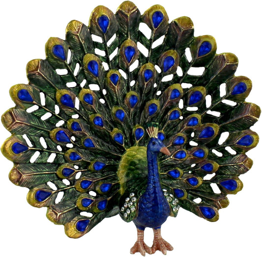 Decorative peacock figure with open tail on a white background