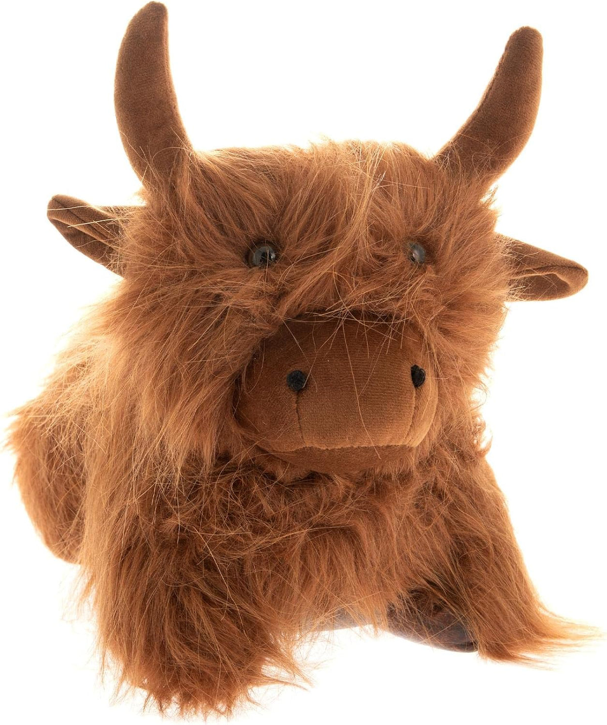 A fluffy Highland cow plush door stop with long brown fur, large horns, and a stitched snout, photographed against a plain white background.