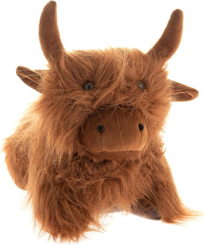 A fluffy Highland cow plush door stop with long brown fur, large horns, and a stitched snout, photographed against a plain white background.