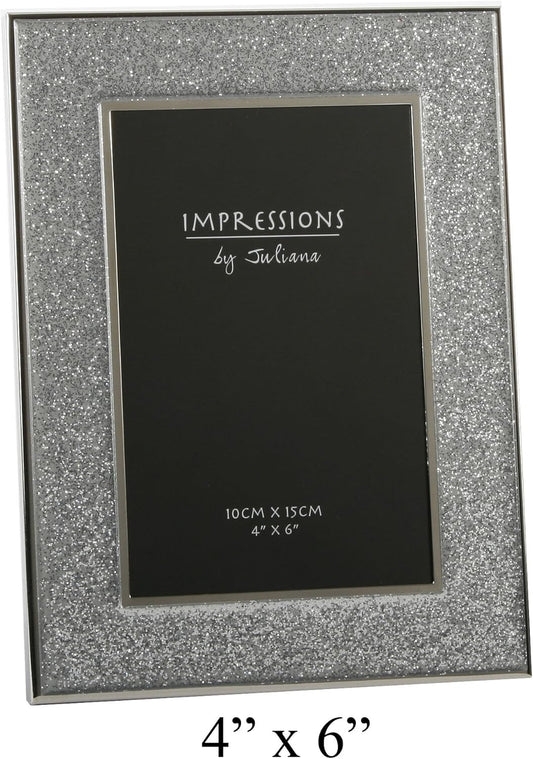 Silver glitter photo frame with 'Impressions by Juliana' branding and size indication.