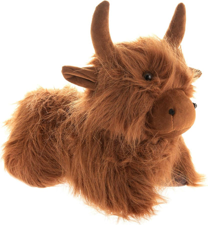 A brown fluffy Highland cow plush door stop with long shaggy fur, small horns, and a soft stitched face, photographed on a plain white background.