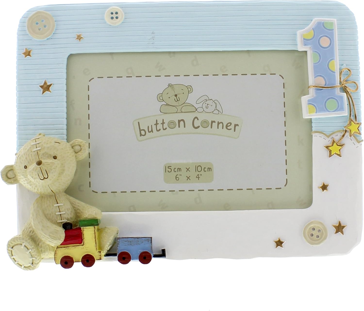 Children's photo frame with teddy bear and decorative elements, featuring 'button Corner' branding.