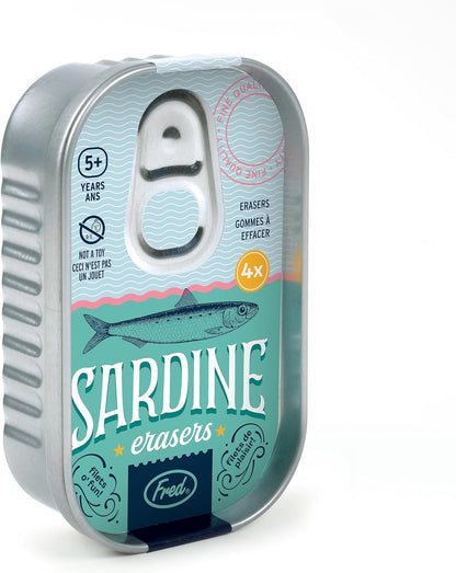 Tin of Fred sardine erasers with a fish illustration on a white background