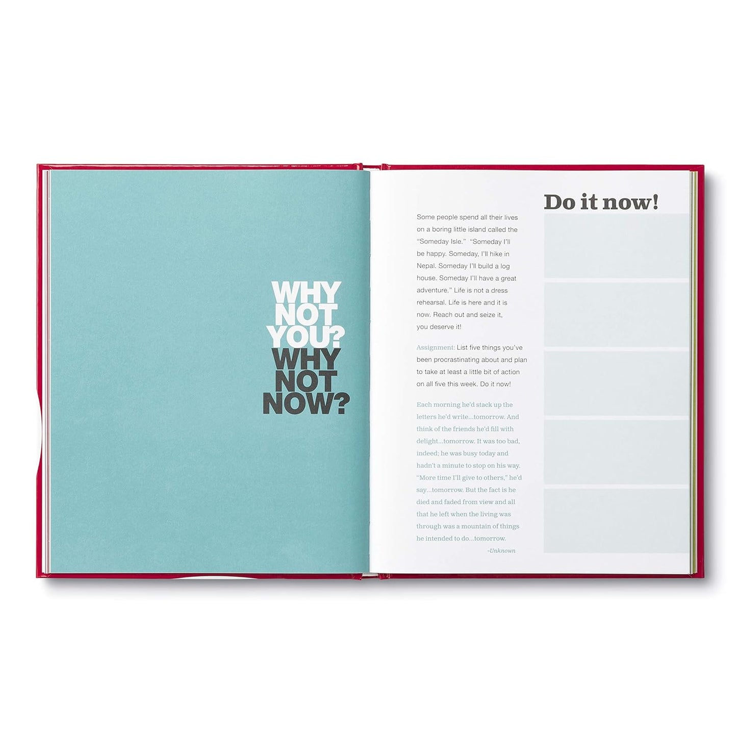 Open book with motivational text on a white background