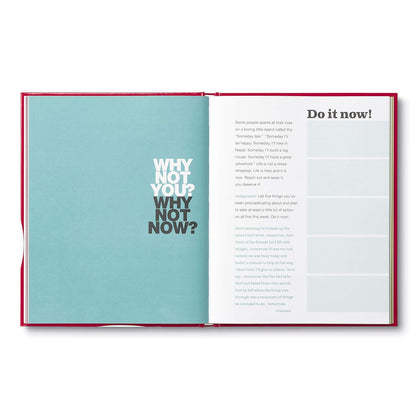 Open book with motivational text on a white background