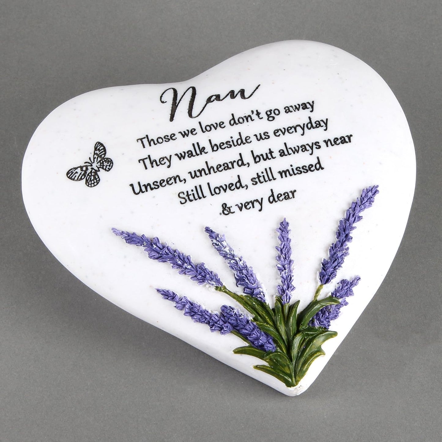 Heart-shaped with lavender design and text on a gray background