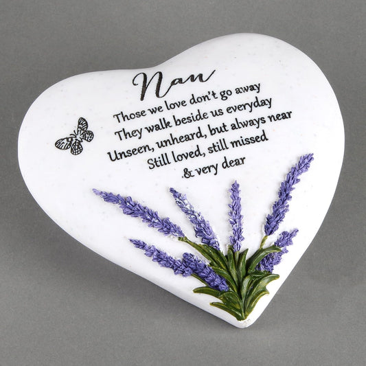 Heart-shaped with lavender design and text on a gray background
