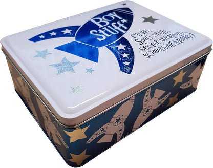 Tin box with space-themed design and text on a white background
