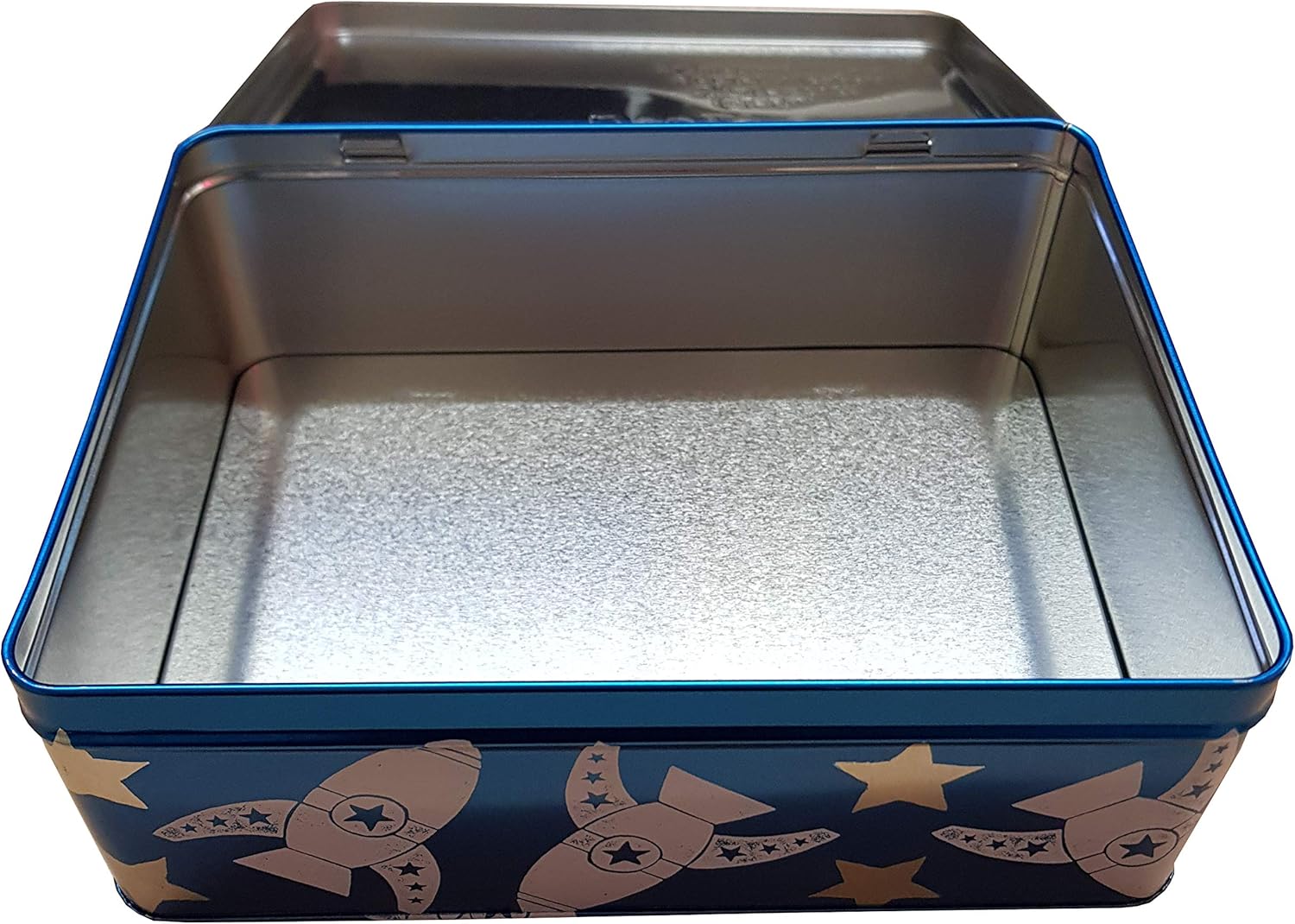 Metal box with rocket ship design on a blue border