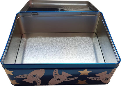 Metal box with rocket ship design on a blue border