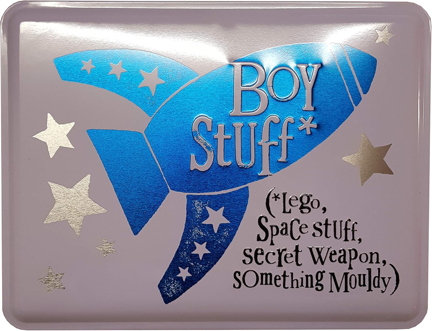 Metal box with blue fish design and text on a gray background