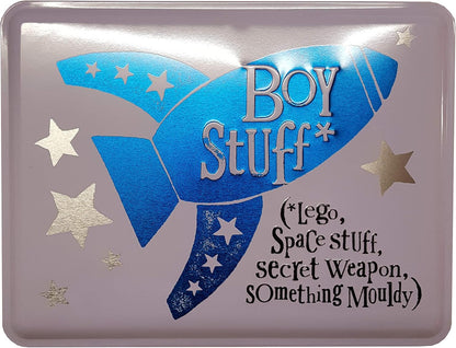 Metal box with blue fish design and text on a gray background