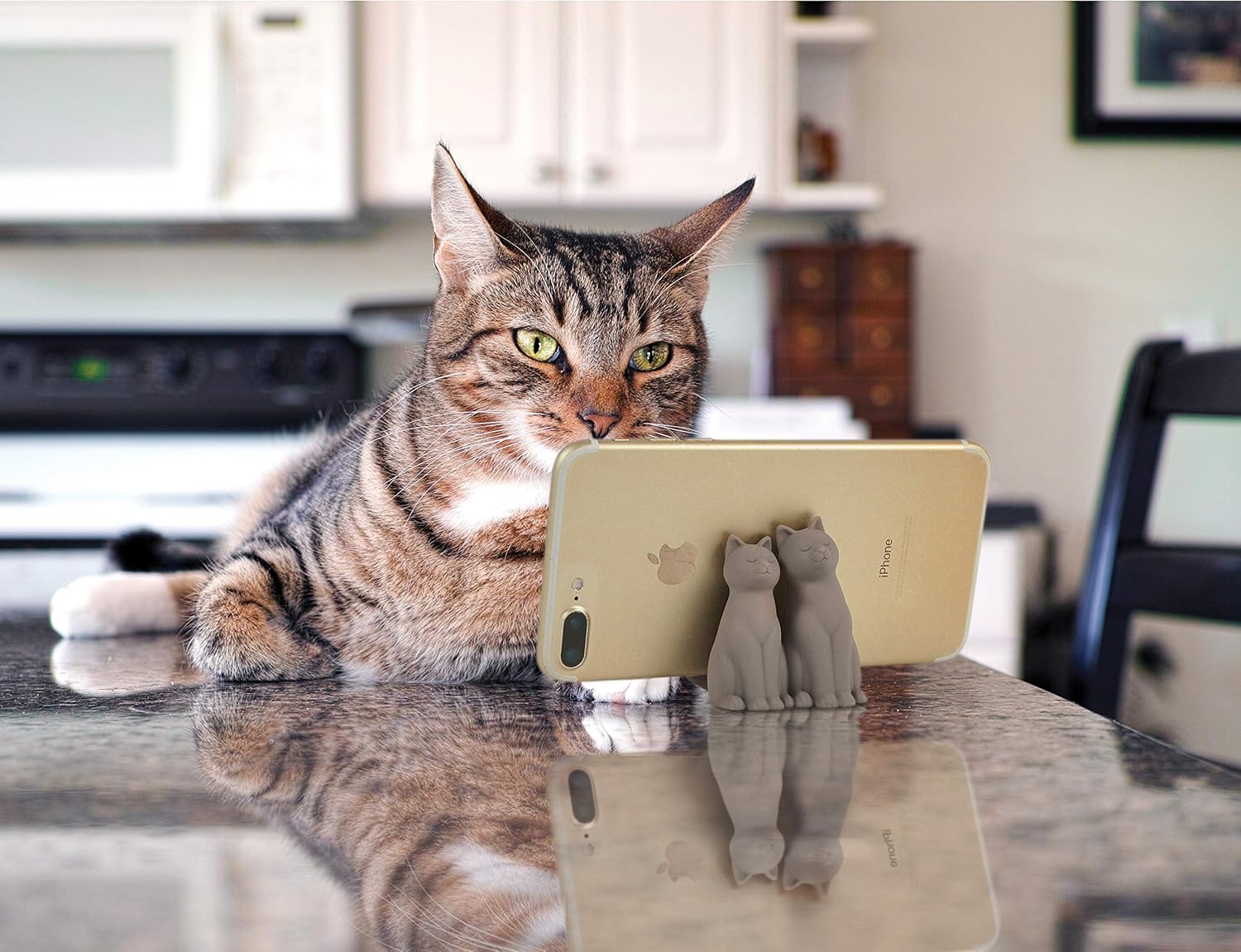 Cat using a phone with a cat-shaped stand on a kitchen counter