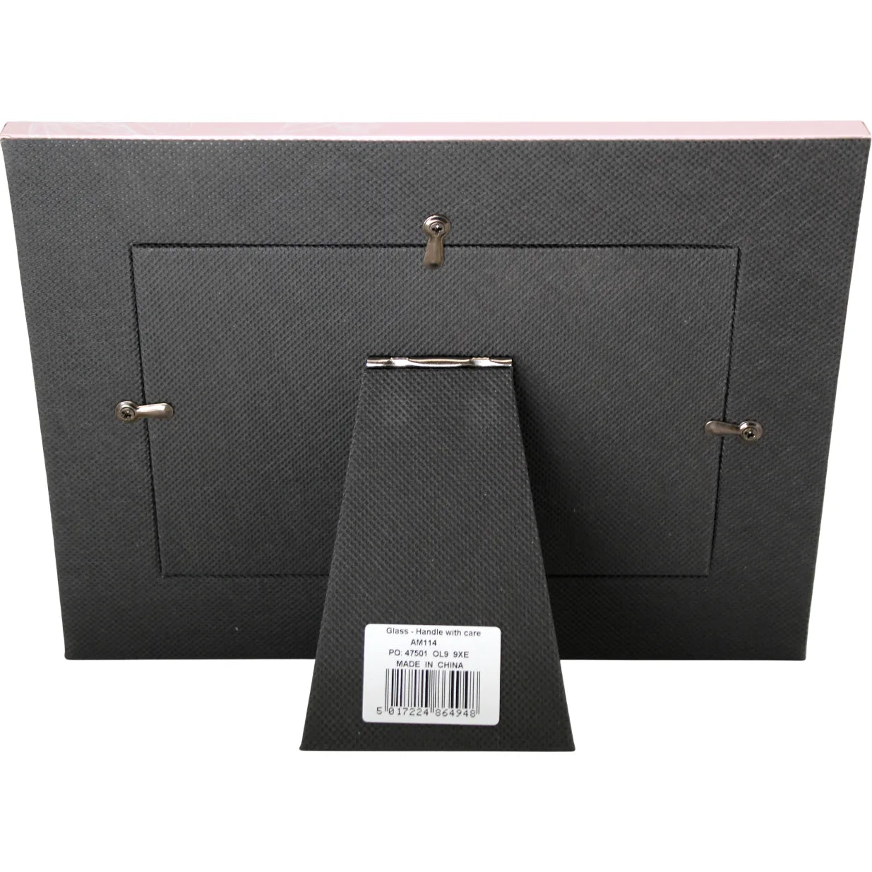 Black back of frame with stand showing the swivel clips to keep frame backing in place