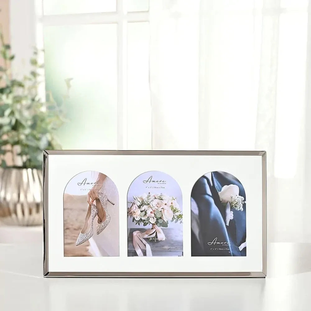 Amore by Juliana® 6x4" Triple Photo Frame with Arch Mounts – Nickel Plated Wedding & Anniversary Frame