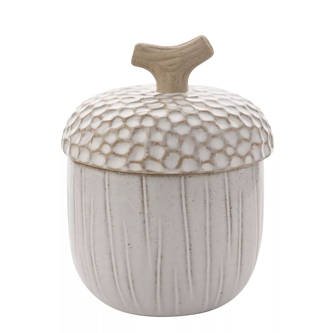 A ceramic acorn-shaped lidded container with a textured, honeycomb-patterned top and vertical ribbed body, in a warm off-white glaze with subtle speckling.