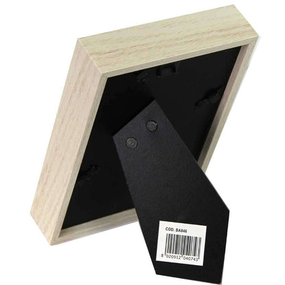 Wooden picture frame with a black interior and visible brand label on a white background