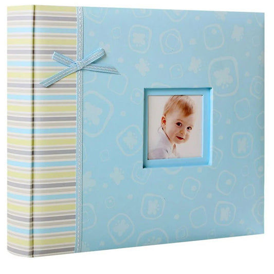 Blue photo album with a baby picture on a white background