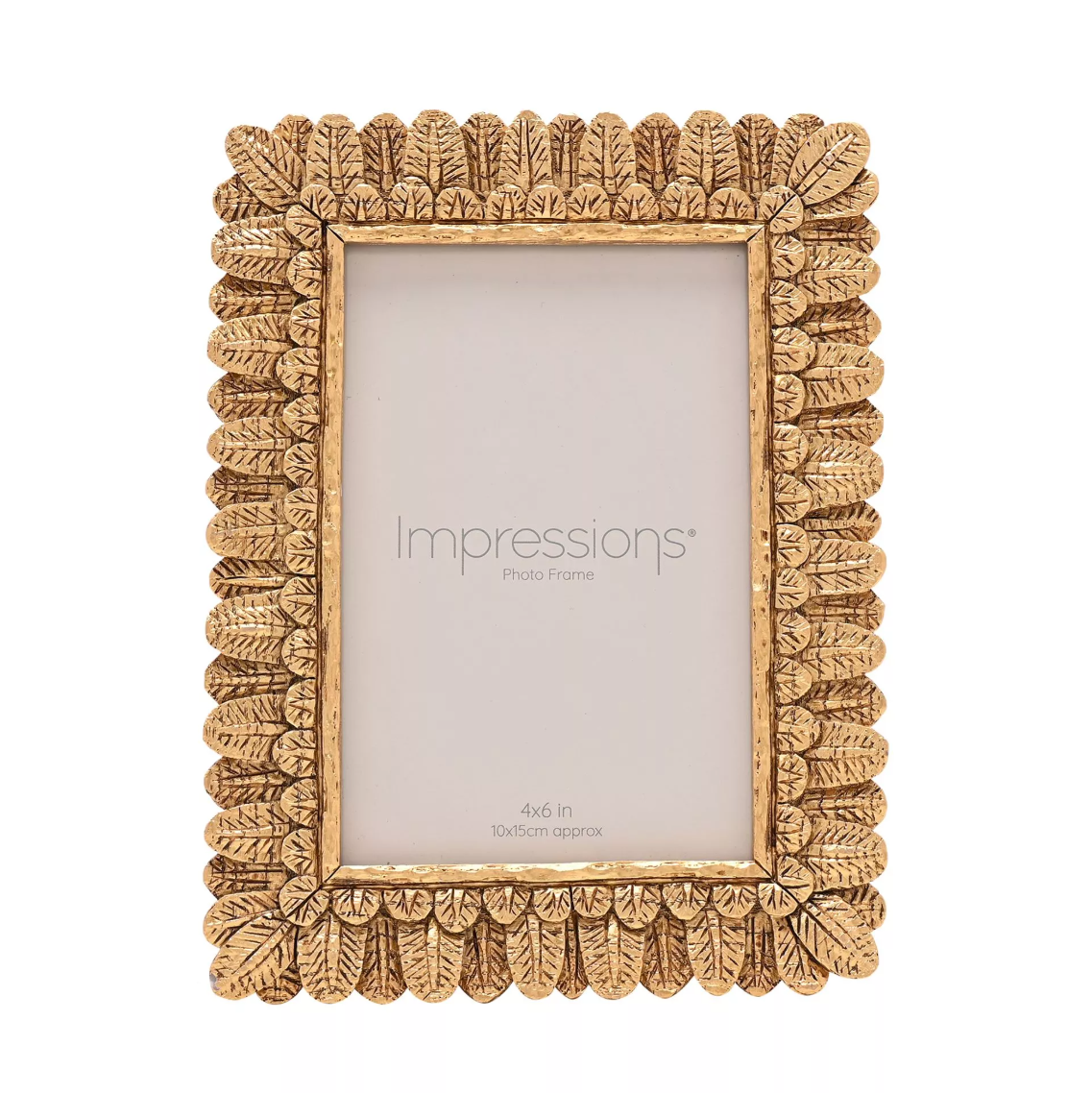 Decorative gold photo frame with 'Impressions' branding on a white background