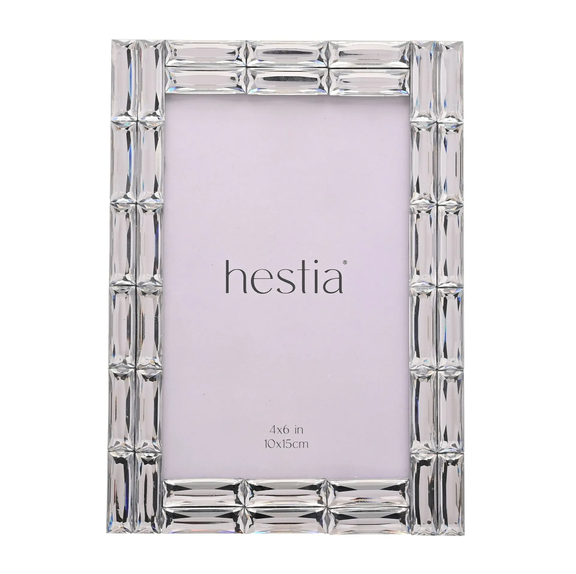 Silver photo frame with 'hestia' branding on a white background