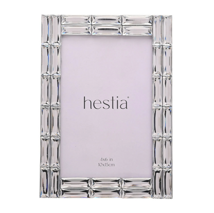 Silver photo frame with 'hestia' branding on a white background