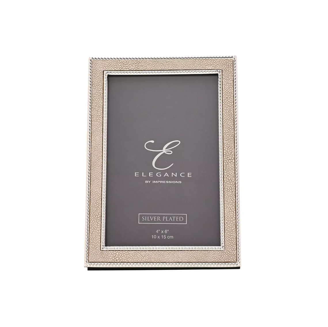 Silver-plated photo frame with 'Elegance by Impressions' branding on a white background