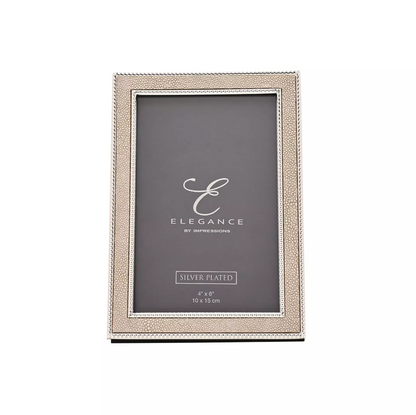 Silver-plated photo frame with 'Elegance by Impressions' branding on a white background