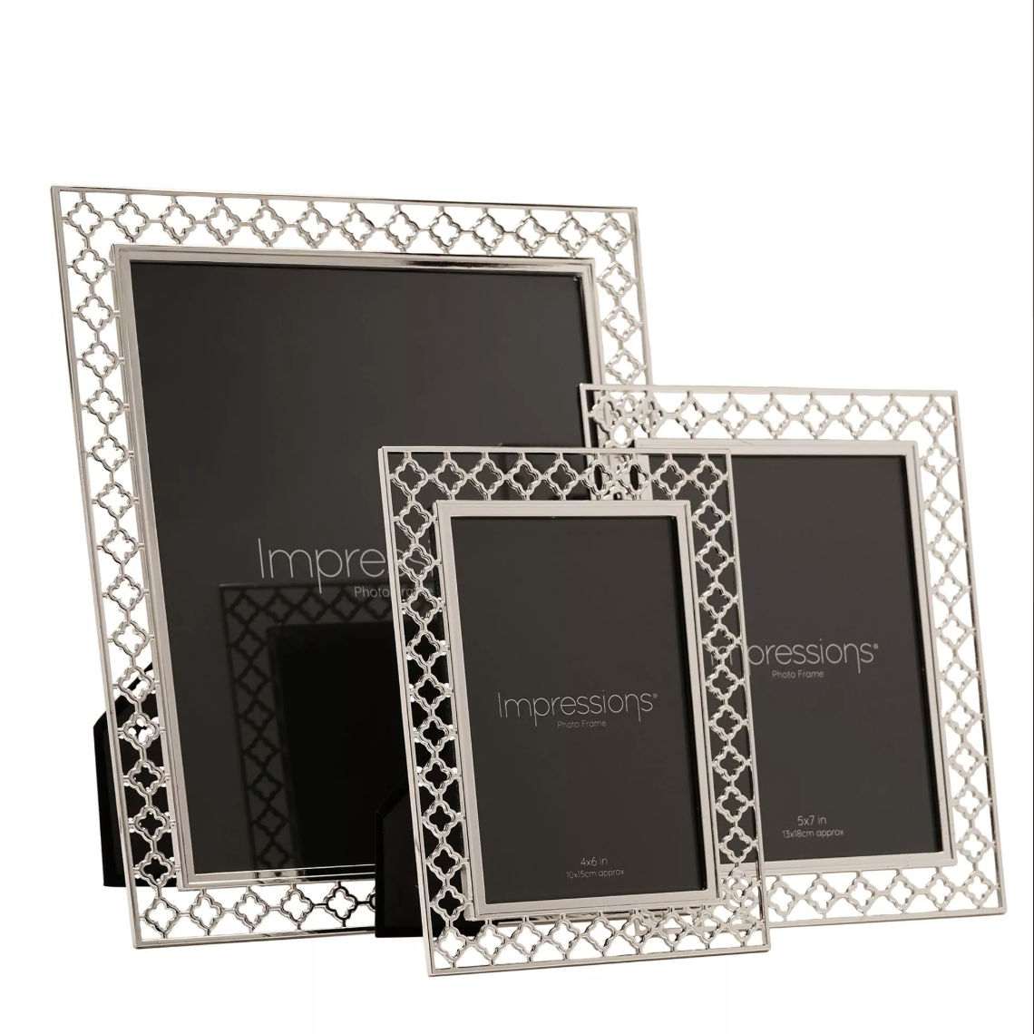 Set of three silver photo frames with 'Impressions' branding on a white background