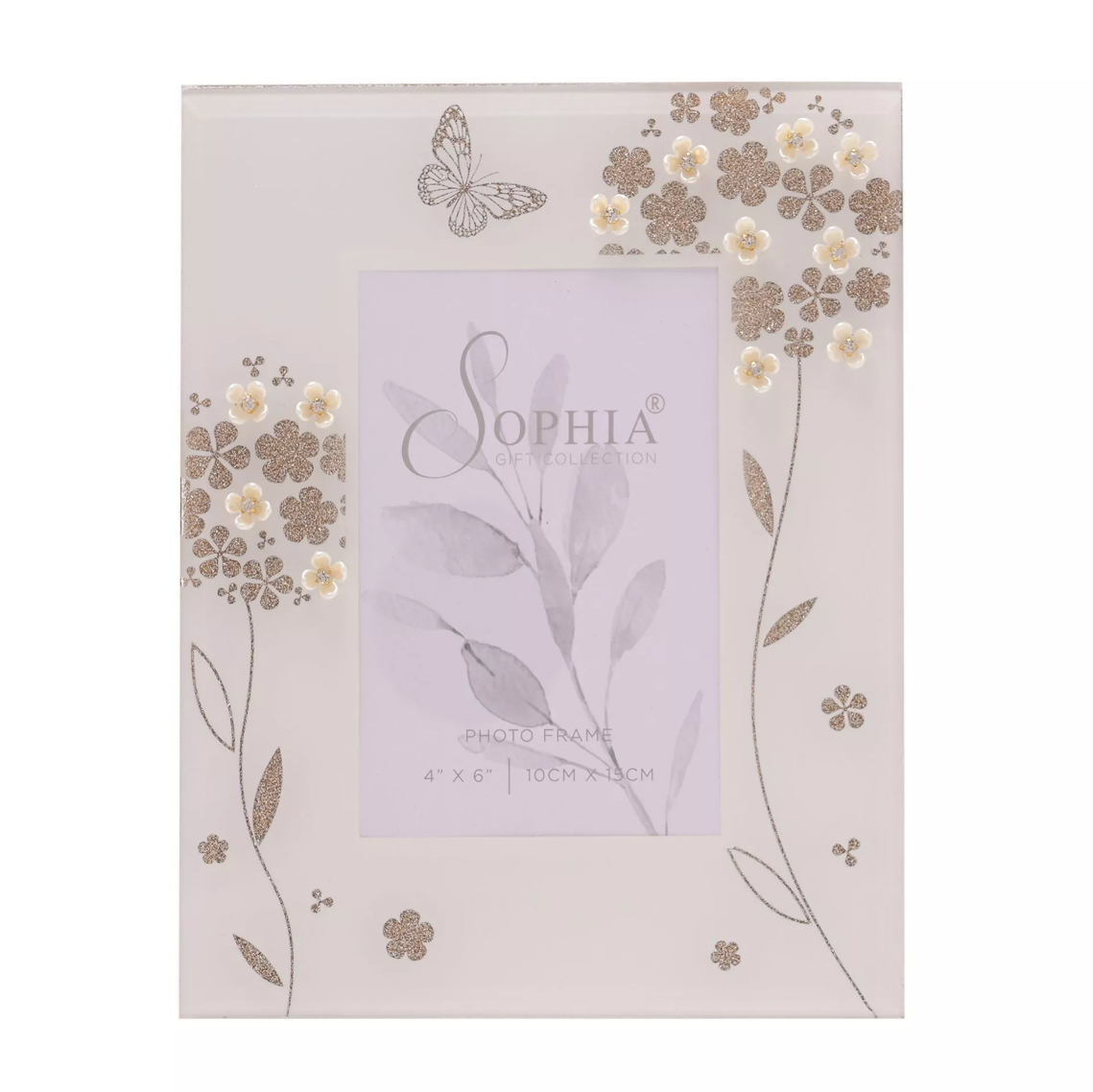 Floral design photo frame with 'Sophia' branding on a white background