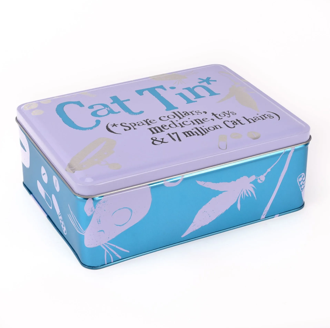 A rectangular metal tin with a white lid and blue sides, printed with the words 'Cat Tin' and decorative cat illustrations. The tin is photographed on a clean white background.