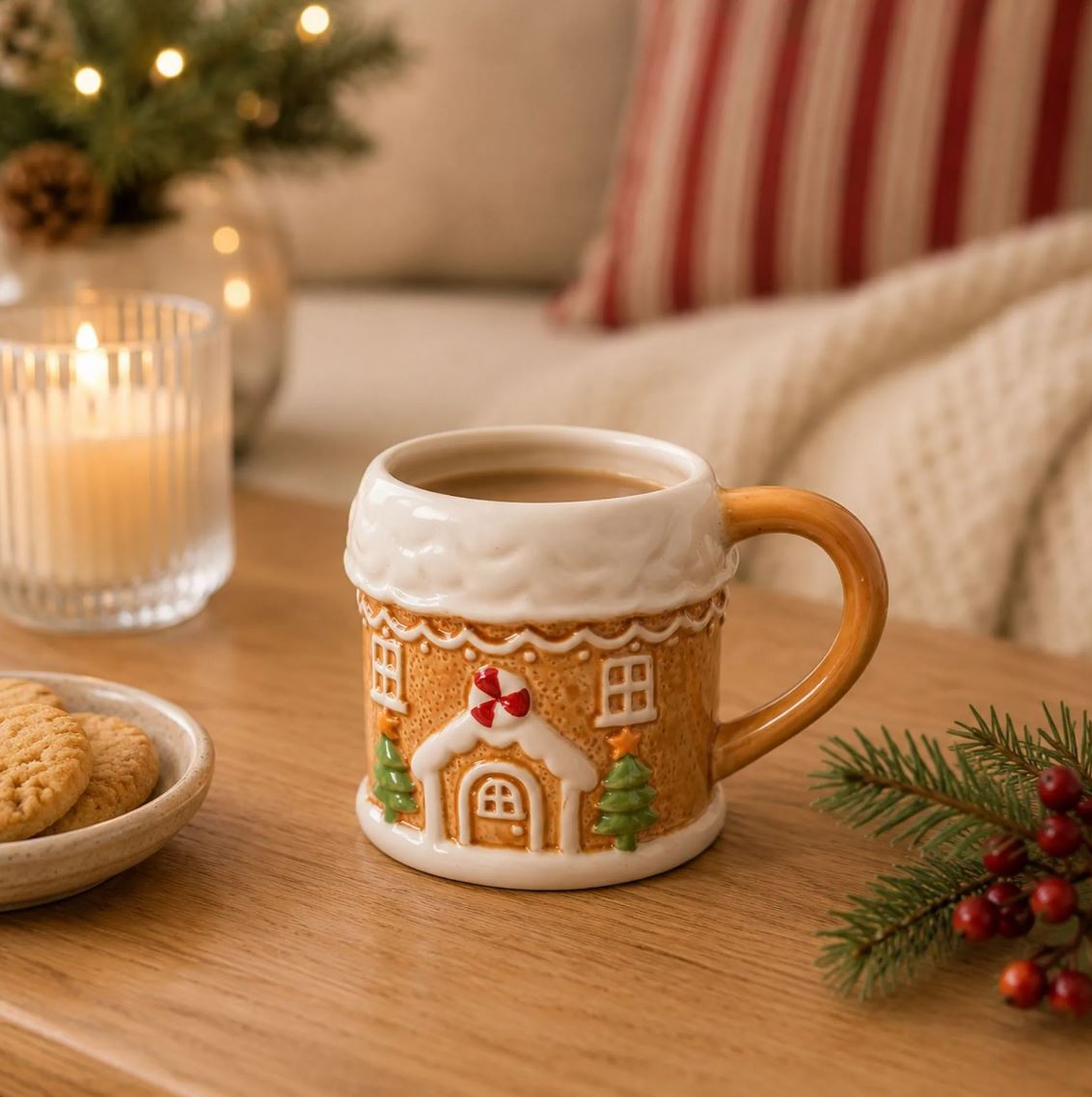 Gingerbread cup on a table in festive scene