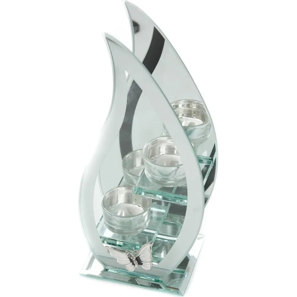 Hestia Glass Mirror Finish Double T-Light Holder with White Butterfly Flame Shape