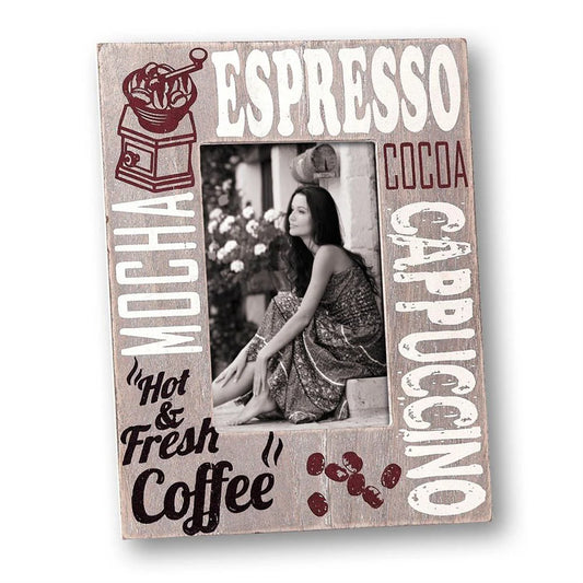 Decorative photo frame with coffee-themed text and a photo of a woman sitting.
