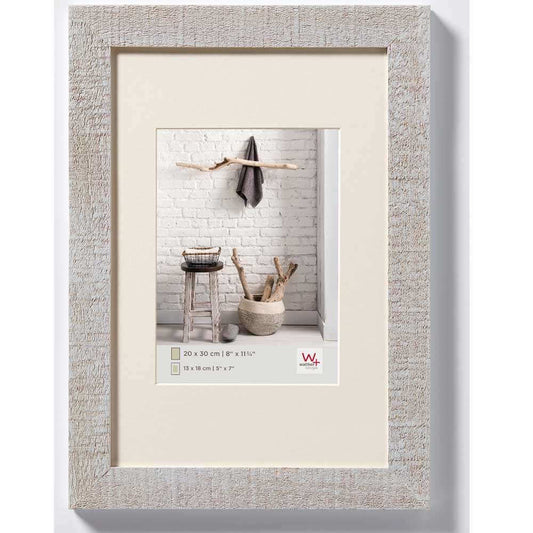 Wooden photo frame in light grey with a cream mount insert