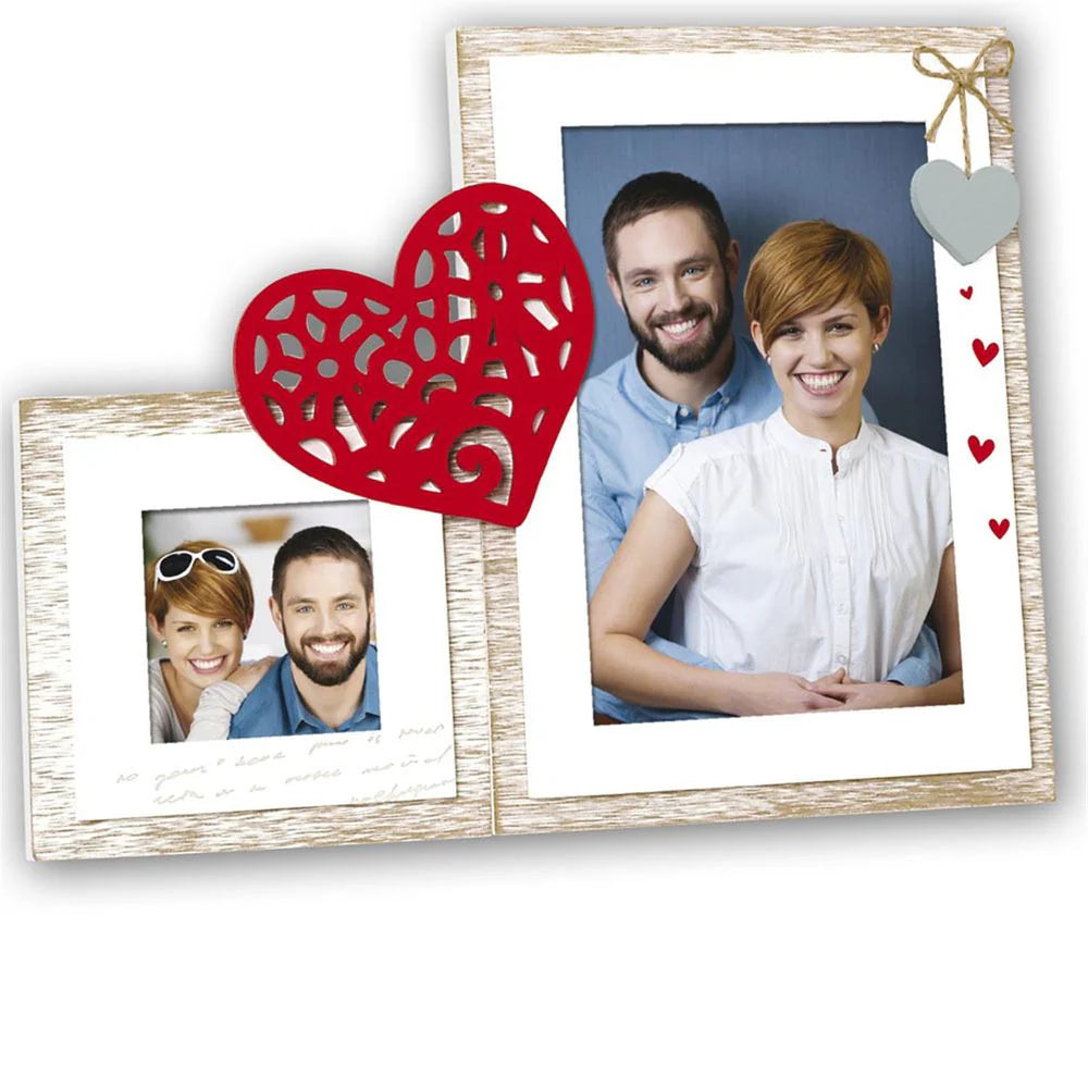 Two photo frames with cut-out heart designs and family photos inside, on a white background.