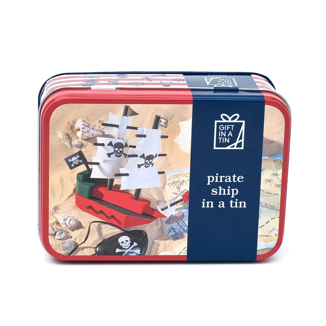 Pirate ship toy in a tin with decorative packaging on a white background