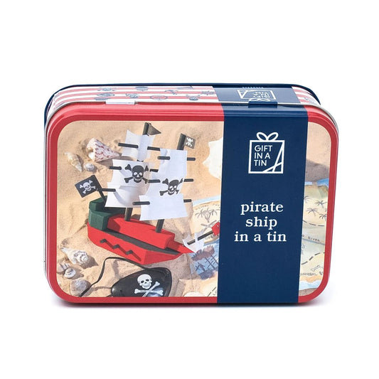 Pirate ship toy in a tin with decorative packaging on a white background