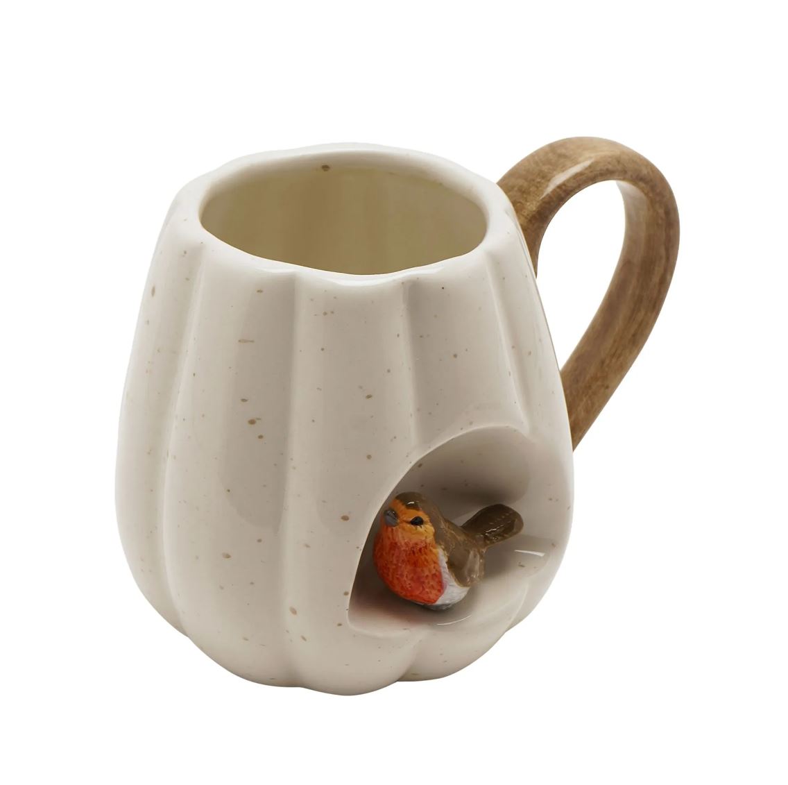 A cream-colored speckled ceramic mug shaped like a pumpkin, featuring a small bird figurine peeking out from the front opening and a light brown wooden handle.