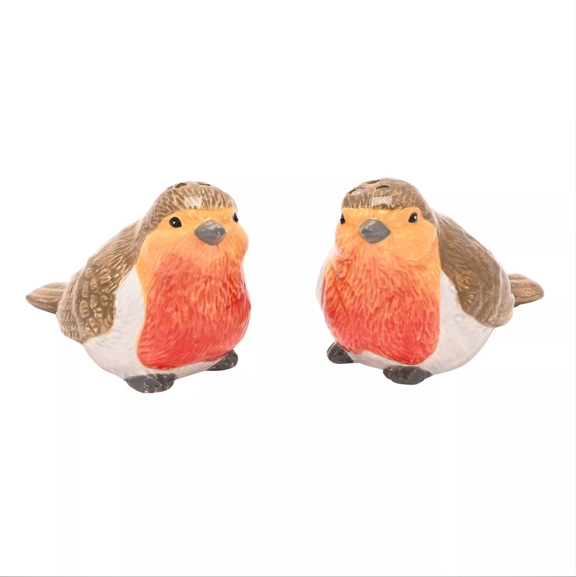 Two small robin bird figurines with brown, white, and bright orange-red coloring, shown side by side on a plain white background.