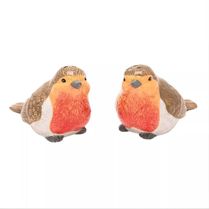 Two small robin bird figurines with brown, white, and bright orange-red coloring, shown side by side on a plain white background.