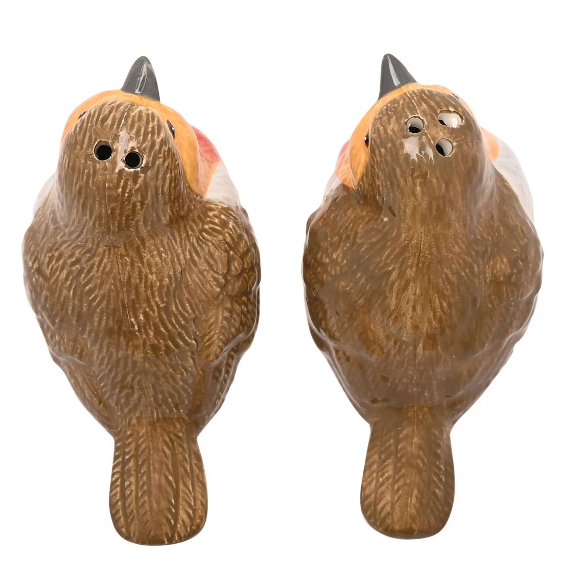 A pair of ceramic bird-shaped salt and pepper shakers, designed to look like brown birds with orange and white accents, shown against a plain white background.