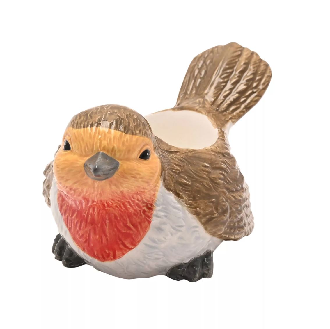 A ceramic bird planter shaped like a robin, featuring a brown textured back and wings, a bright orange chest, a red breast, and a white belly, shown on a plain white background.
