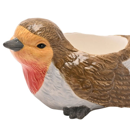 A ceramic bird tea lighter shaped like a robin, featuring brown textured feathers, a yellow-orange head, a red chest, and a white belly, shown on a plain white background.