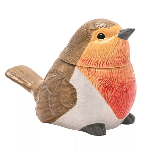 A robin bird-shaped lidded container or jar, featuring a brown back and wings, a white underbelly, and a bright red-orange chest, photographed on a plain white background.