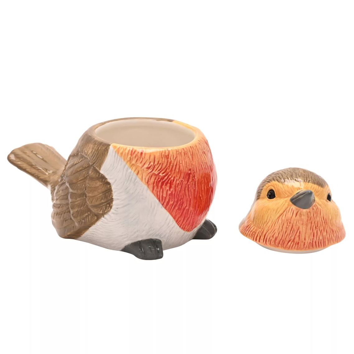A bird-shaped ceramic Biscuit tin with a matching bird-shaped lid placed beside it on a plain white background. Its shaped like a robin or similar small bird, with brown wings, a white body, and a reddish-orange chest, while the lid shows the bird's head with a peachy-orange beak and brown top.