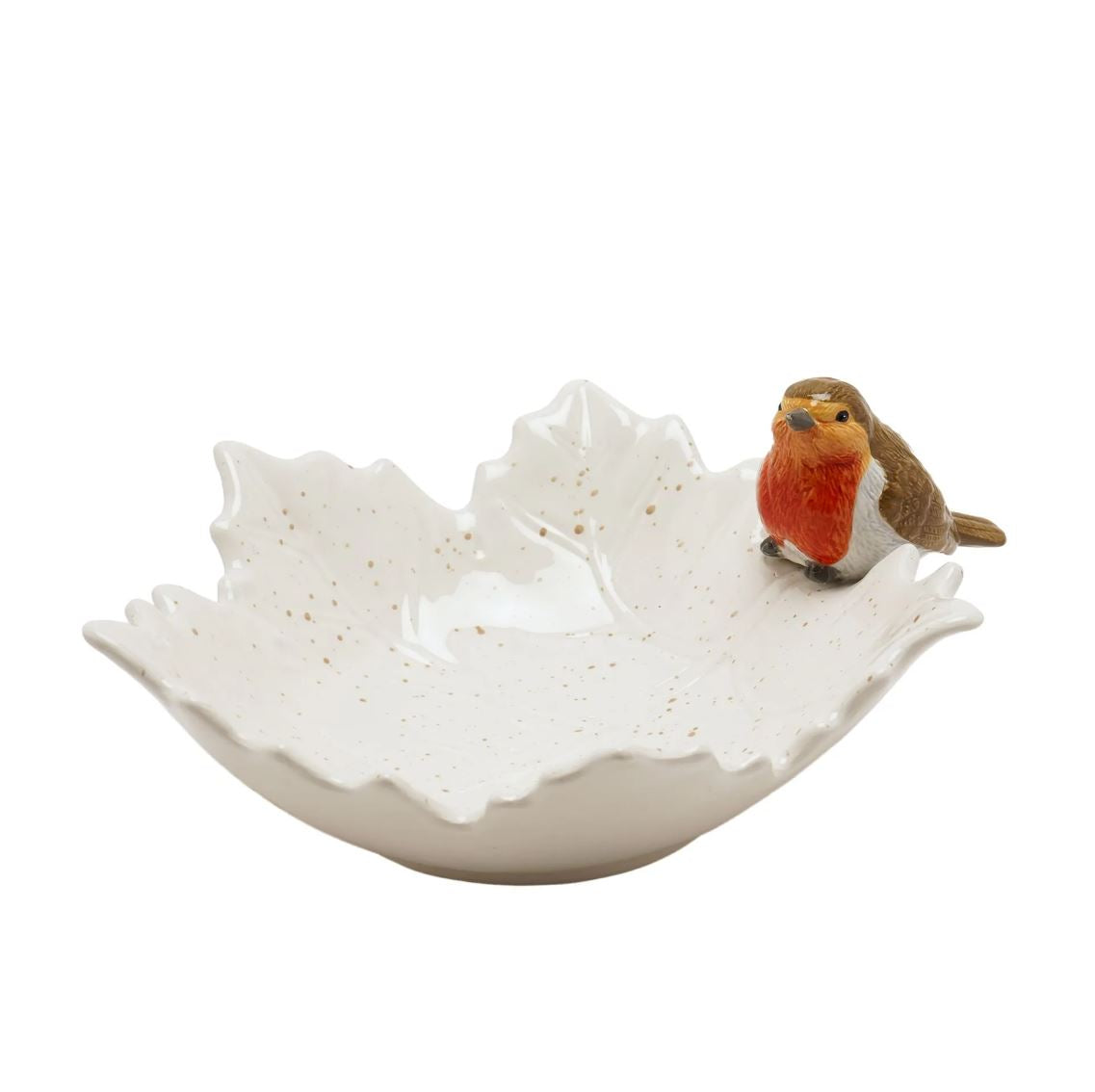 A white ceramic bird bath shaped like a leaf, decorated with small gold speckles and featuring a small robin figurine perched on the right side, set against a plain white background.